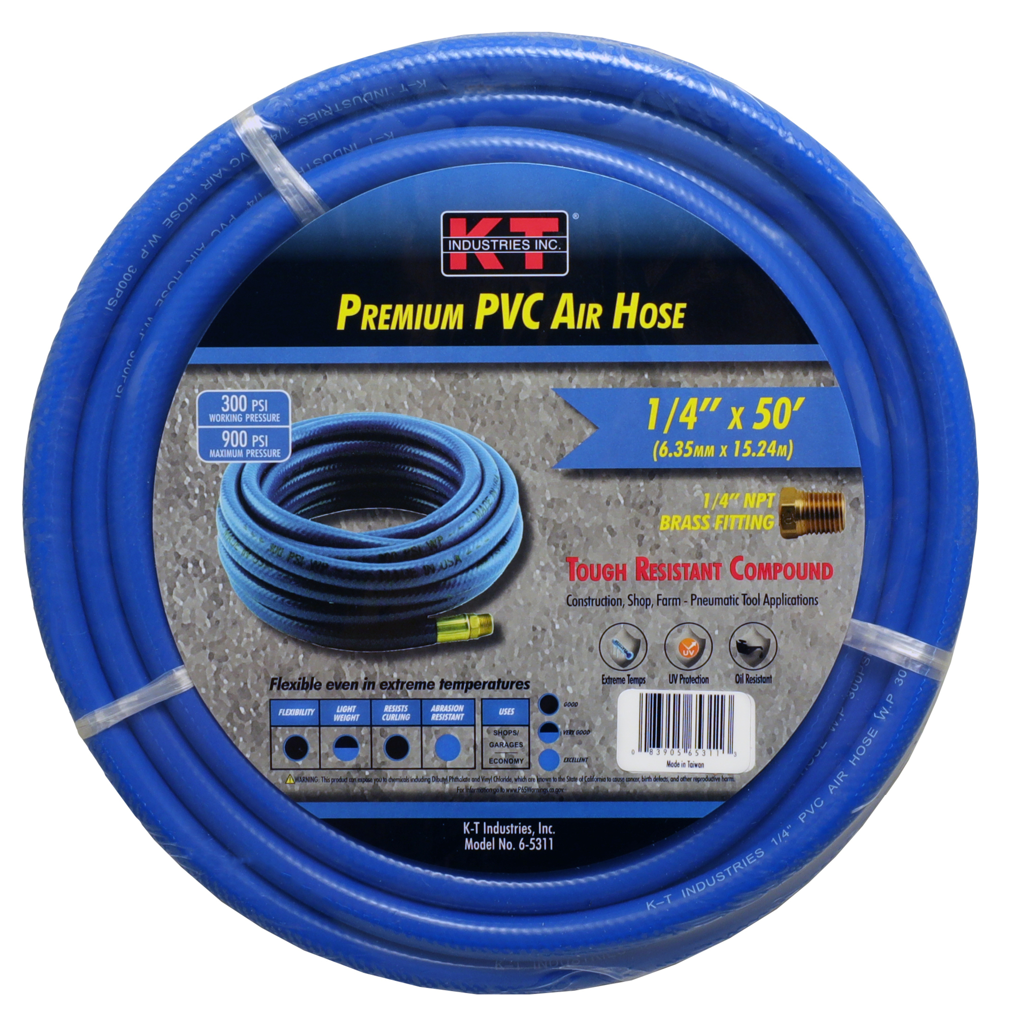 K-T Industries PVC Air Hose — 1/4in. x 50ft., High Abrasion Resistance, Brass Fittings, Model# 6-5311
